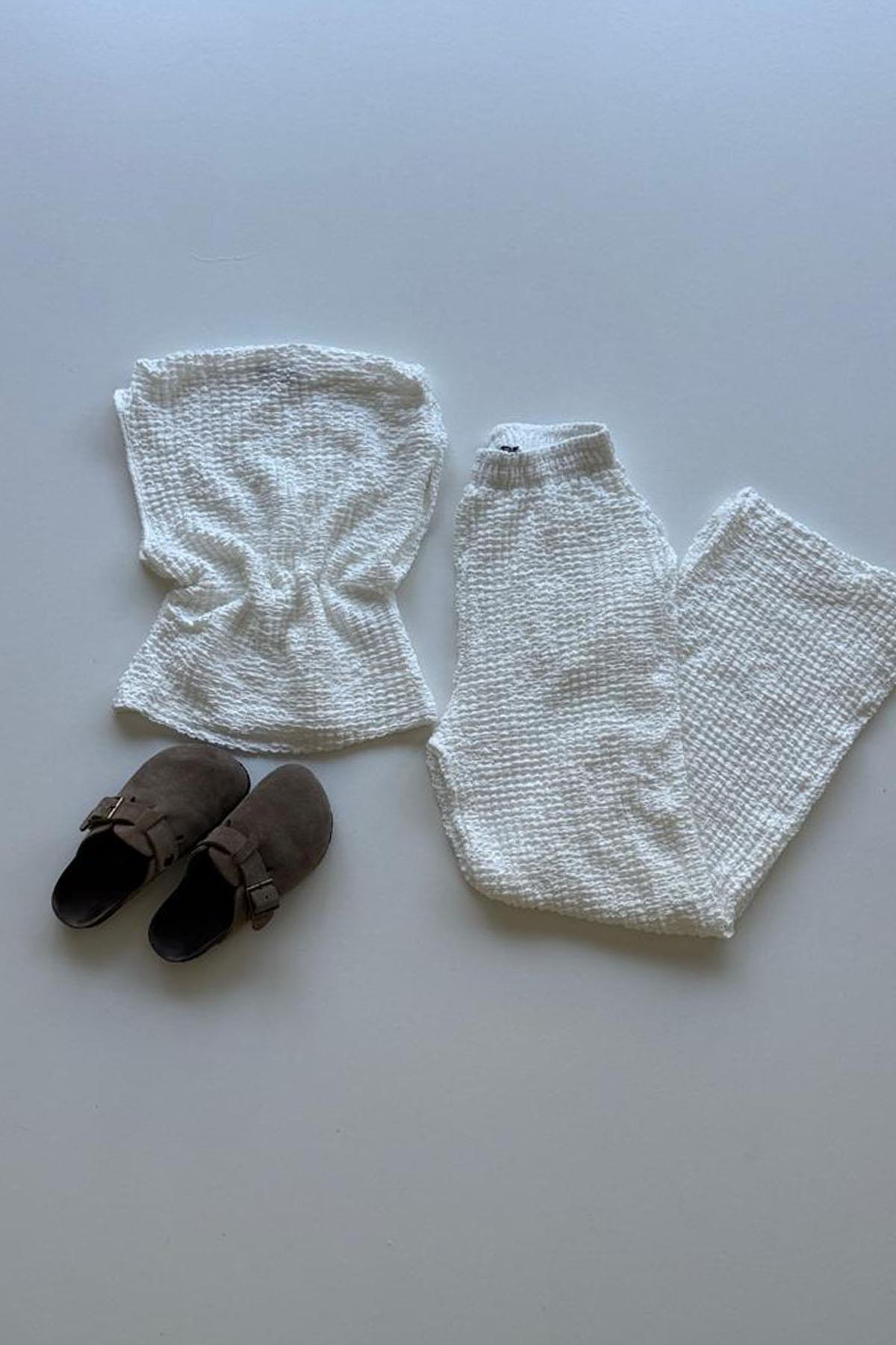 Kadın Degaje Yaka Body Bol Paça Pantolon Takım - EKRU