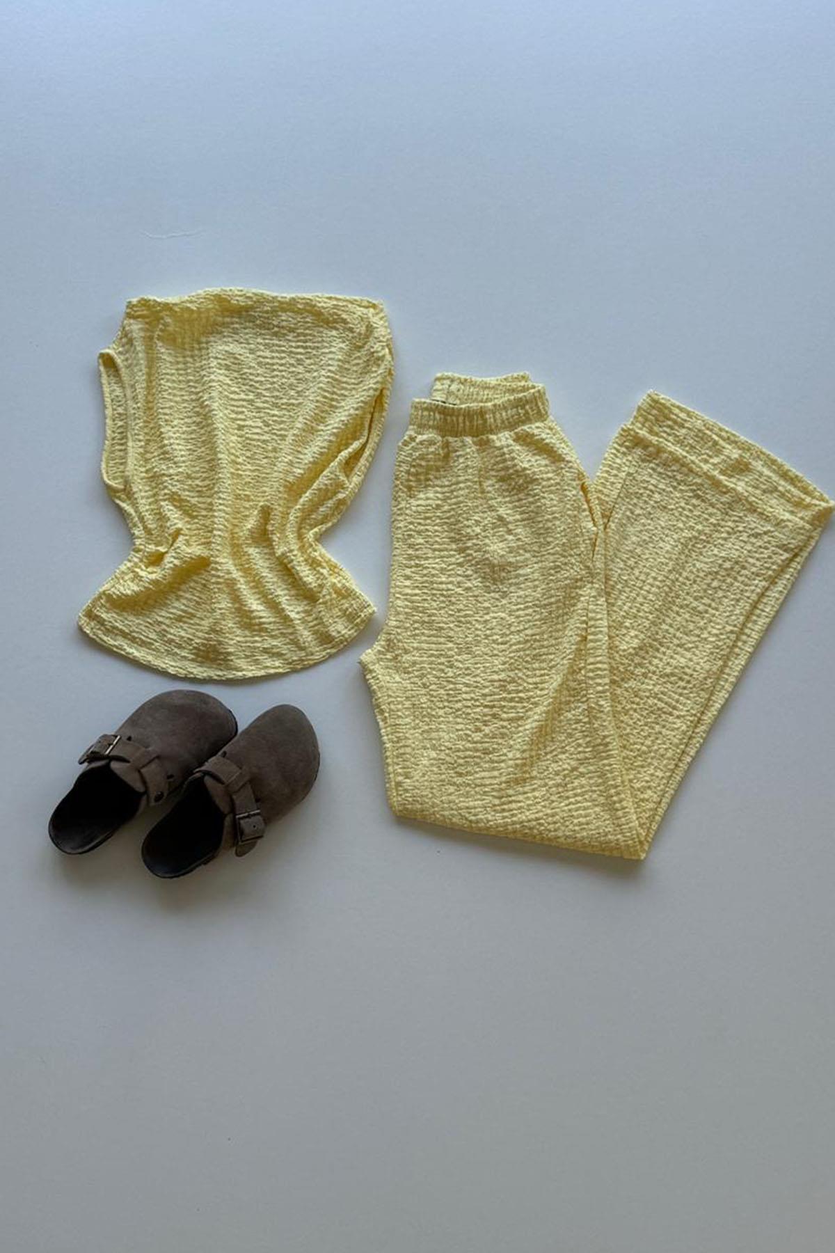 Kadın Degaje Yaka Body Bol Paça Pantolon Takım - SARI
