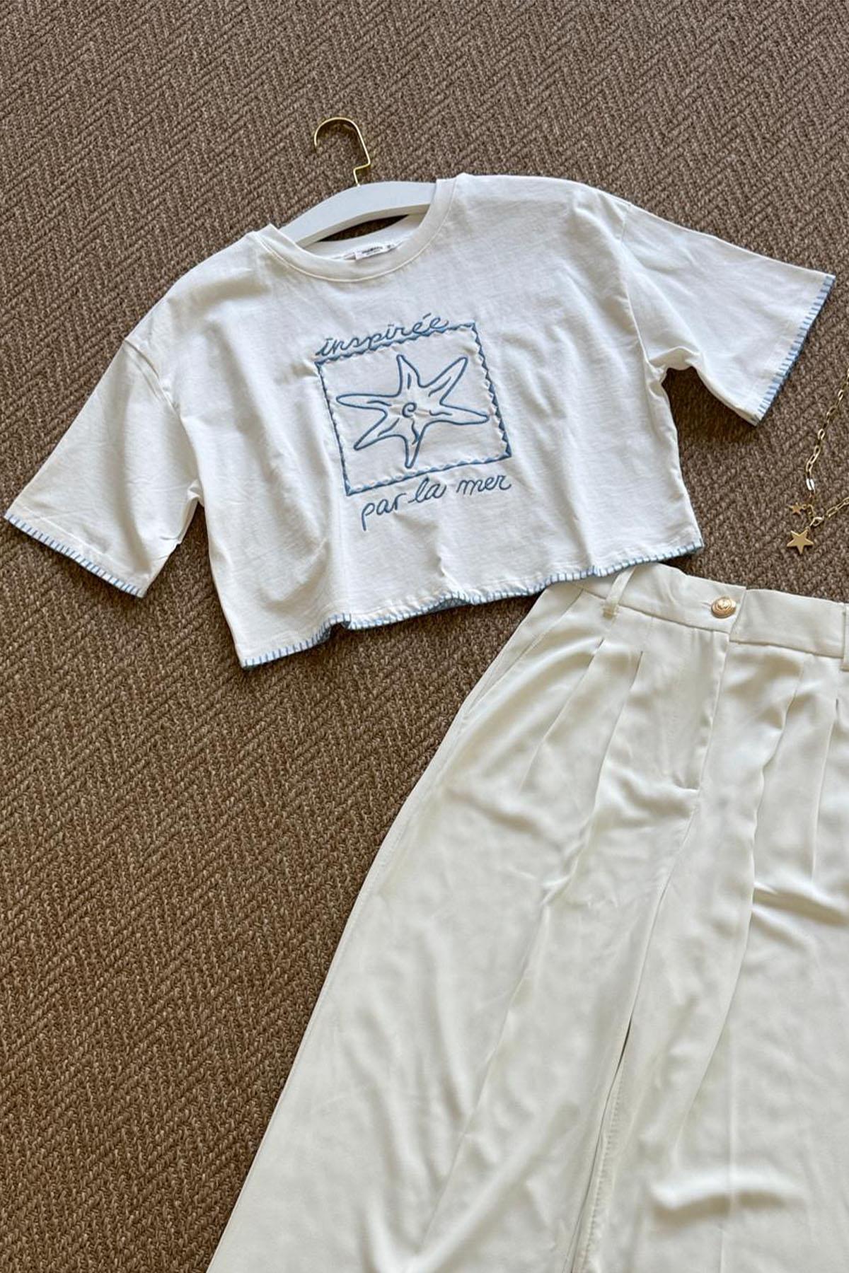 Kadın Deniz Yıldızı Nakışlı Kenarı Dikiş Detaylı Tshirt - EKRU