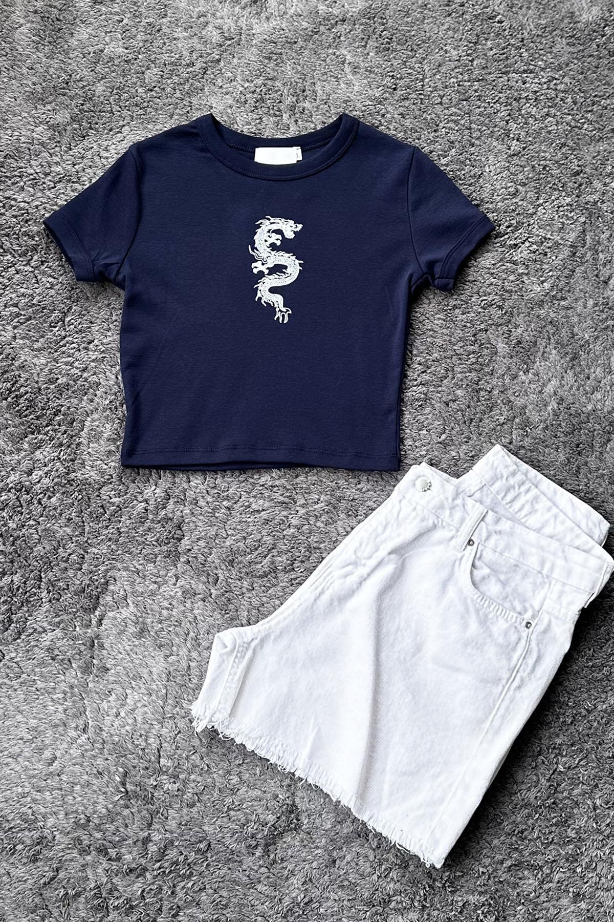 Kadın Ejderha Baskılı Ribana Crop Tshirt - LACİVERT