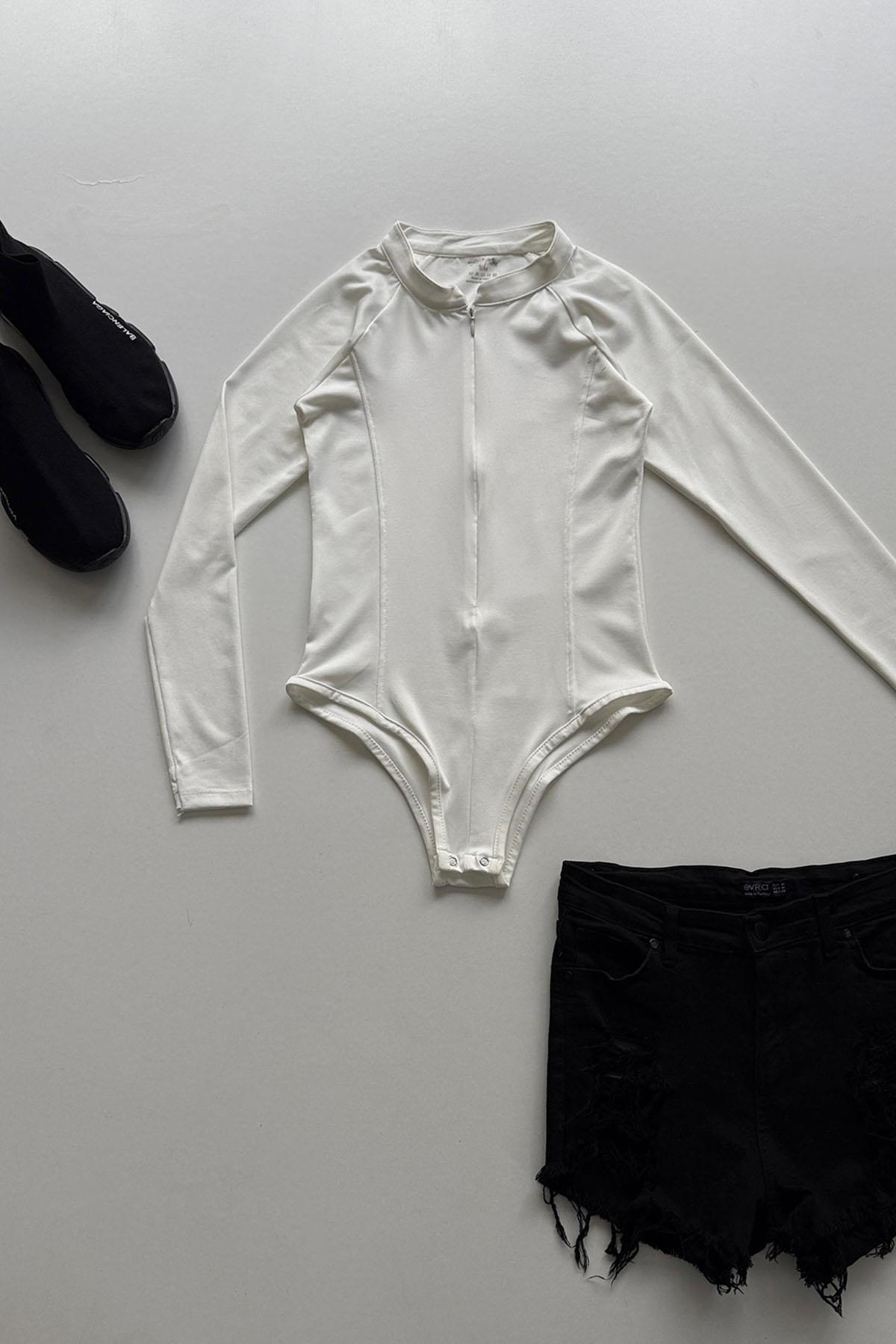 Kadın Fermuarlı Uzun Kollu Çıtçıtlı Bodysuit - BEYAZ