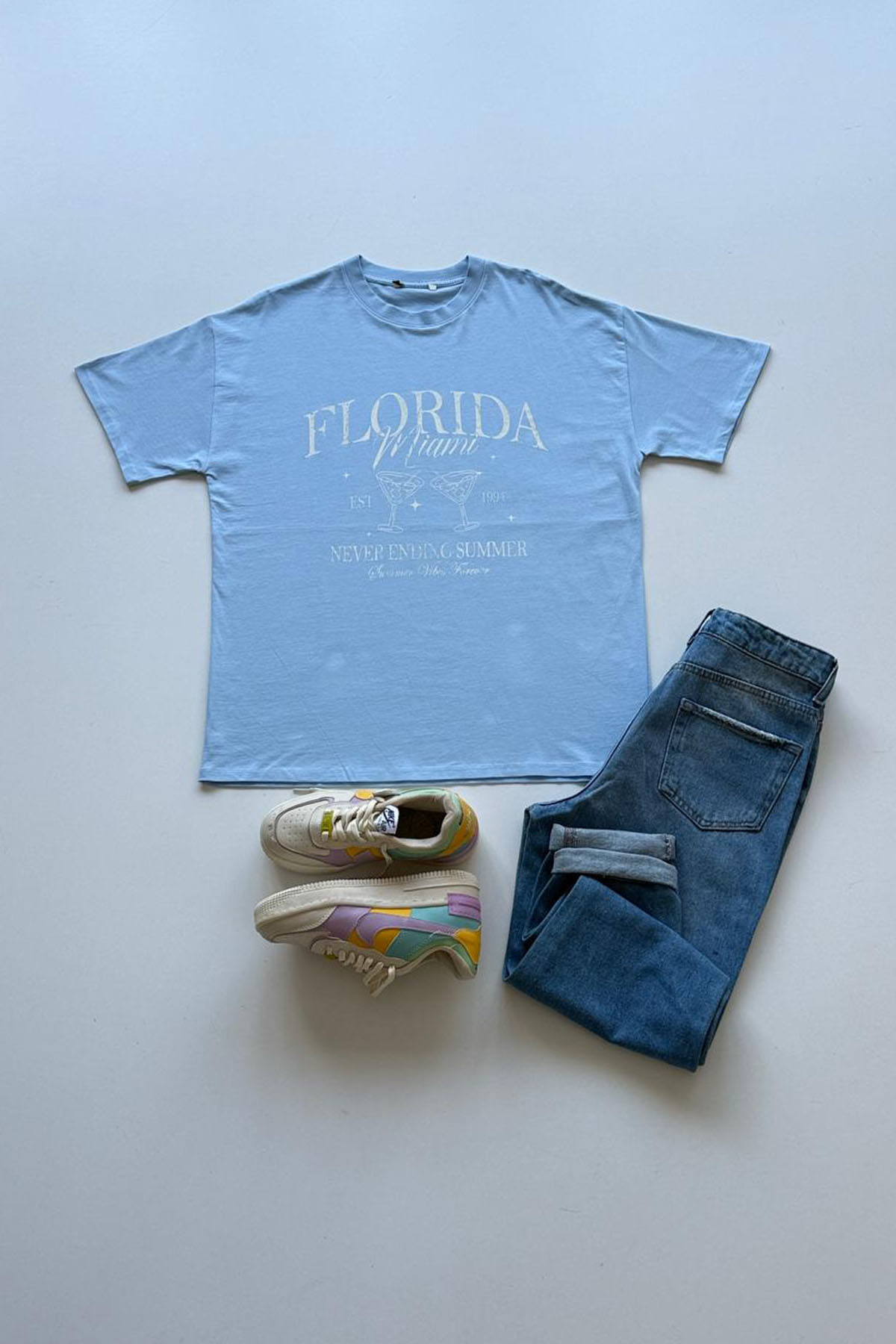 Kadın Florida Miami Baskılı Tshirt - MAVİ