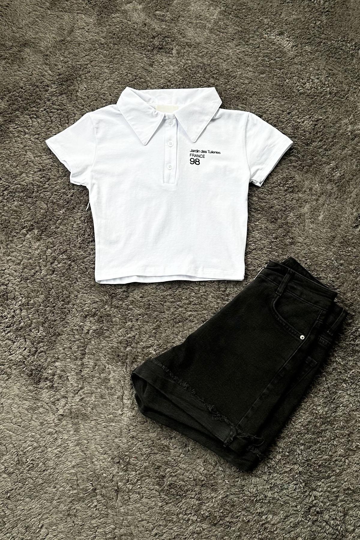Kadın Gömlek Yaka Likralı Crop Tshirt - BEYAZ