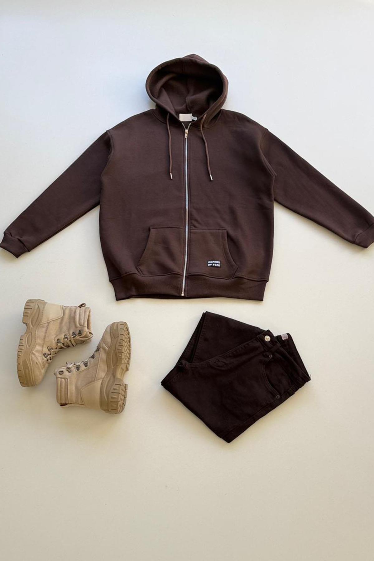 Kadın Kanguru Cepli Kapüşonlu Fermuarlı Üç İplik Sweatshirt - KAHVE
