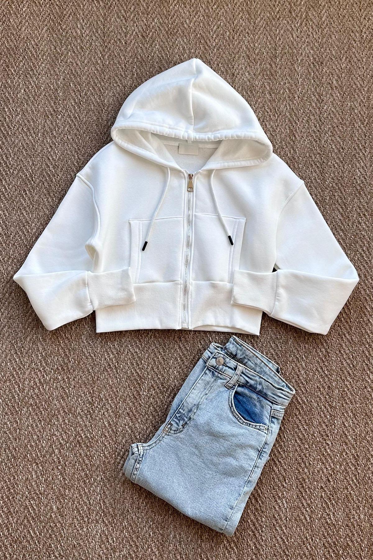 Kadın Kanguru Cepli Kapüşonlu Kısa Sweatshirt - BEYAZ