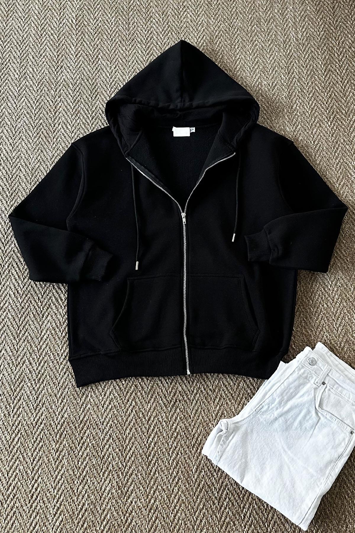 Kadın Kapüşonlu Fermuarlı Uzun Sweatshirt - SİYAH
