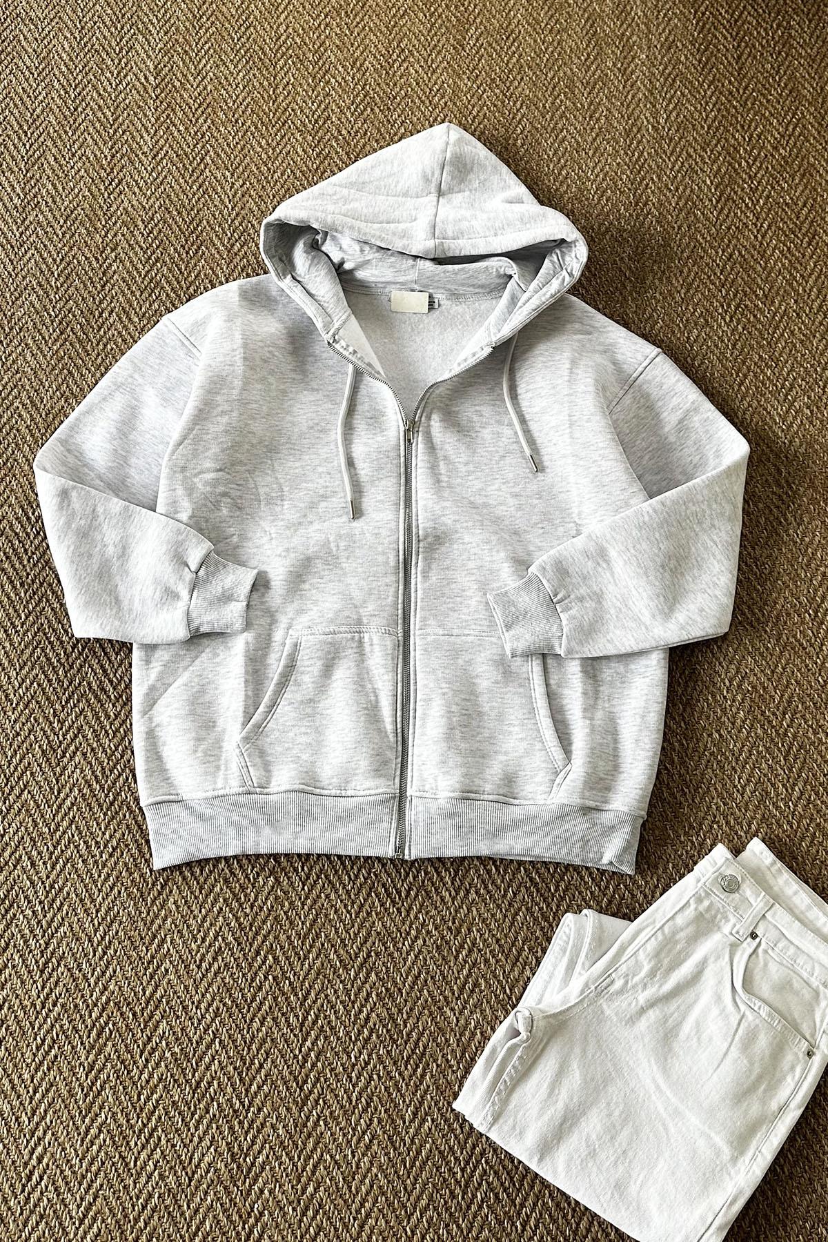 Kadın Kapüşonlu Fermuarlı Uzun Sweatshirt - GRİ