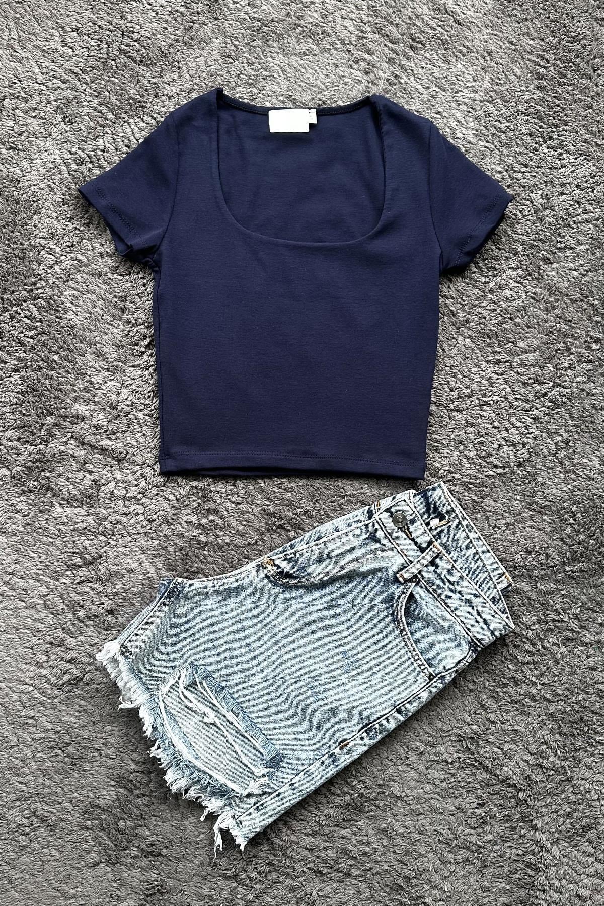 Kadın Kare Yaka Likralı Ribana Crop Tshirt - LACİVERT