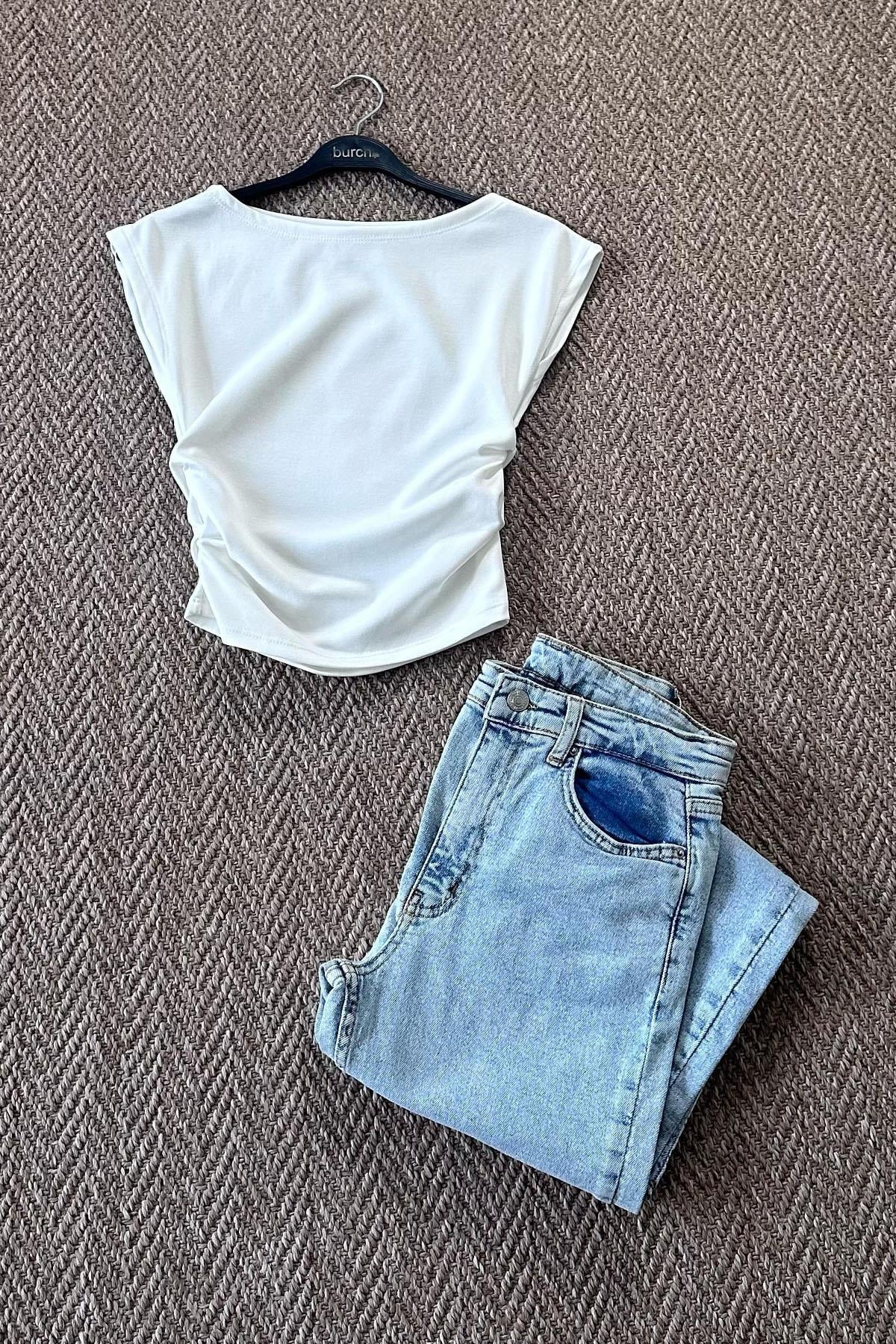 Kadın Kayık Yaka Yanları Büzgülü Body - EKRU
