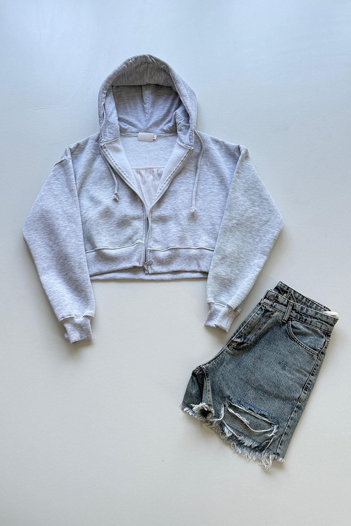 Kadın Kısa Fermuarlı Kapüşonlu Sweatshirt - GRİ