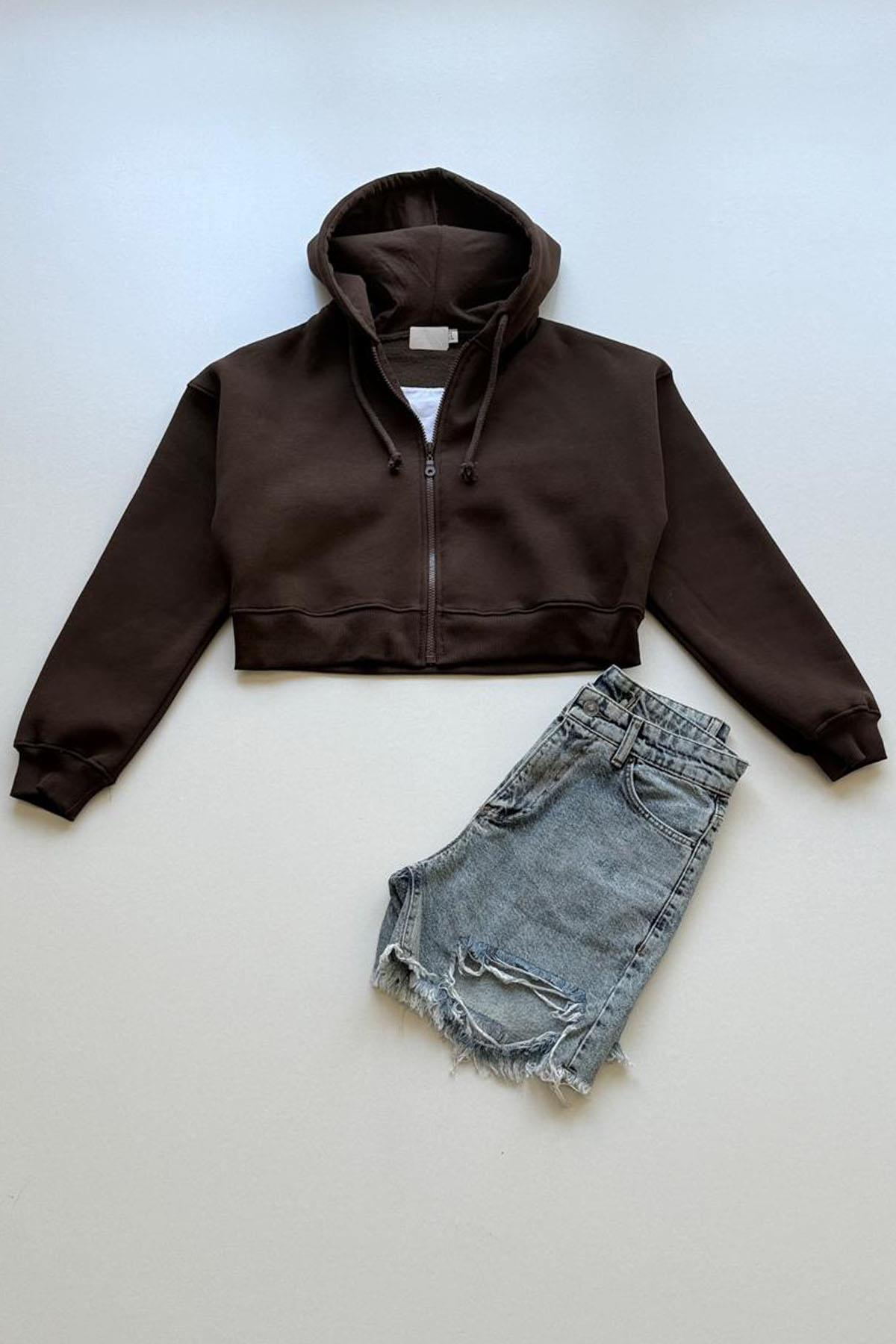 Kadın Kısa Fermuarlı Kapüşonlu Sweatshirt - KAHVE