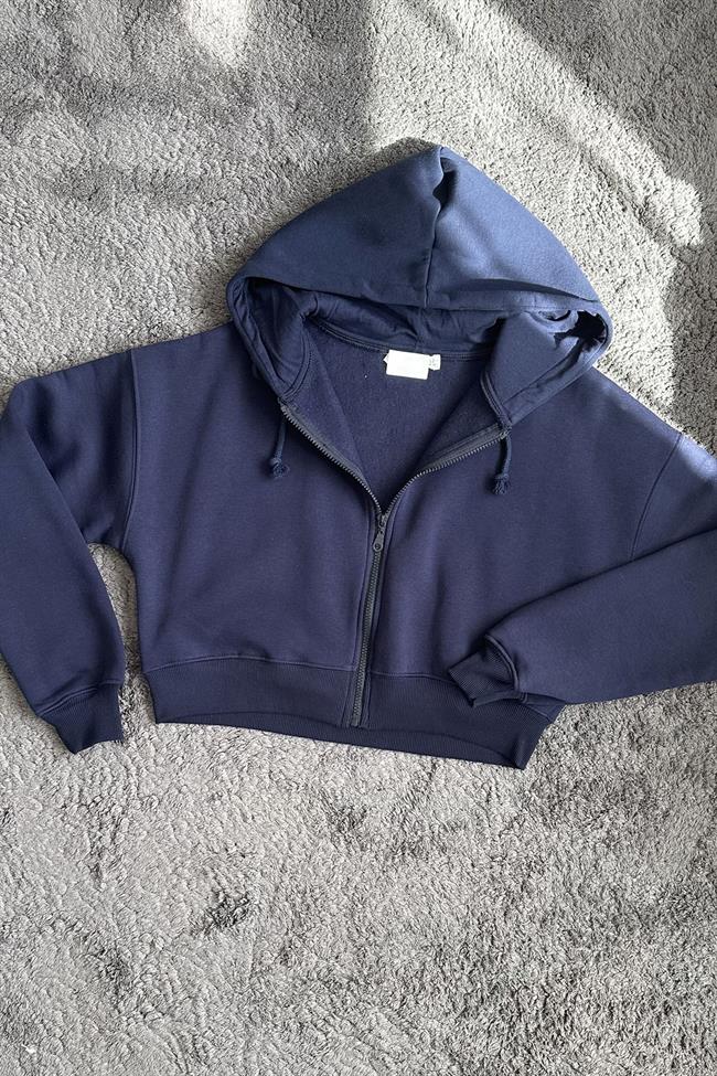 Kadın Kısa Fermuarlı Kapüşonlu Sweatshirt - LACİVERT