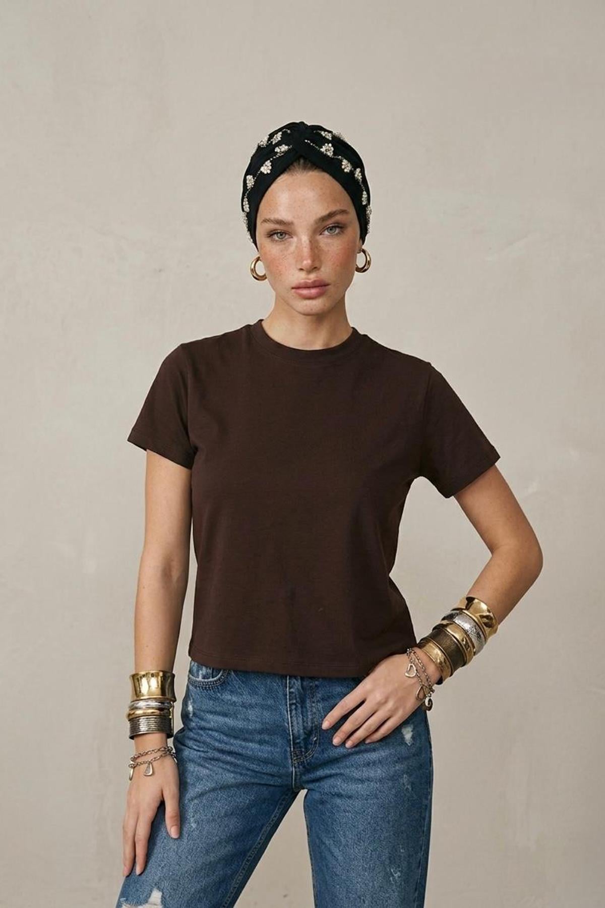 Kadın Kısa Kollu Crop Tshirt - KAHVE