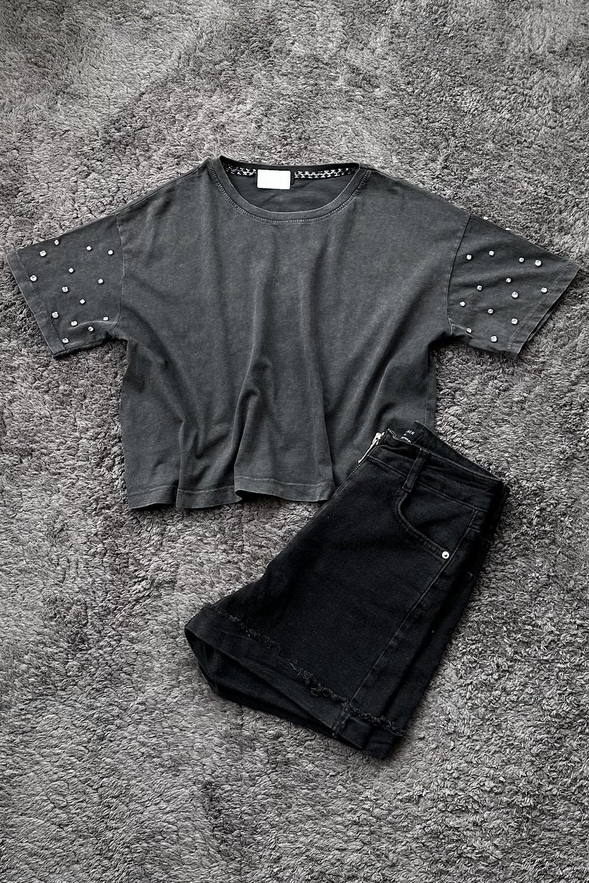 Kadın Kolları Taşlı Yıkamalı Crop Tshirt - ANTRESİT