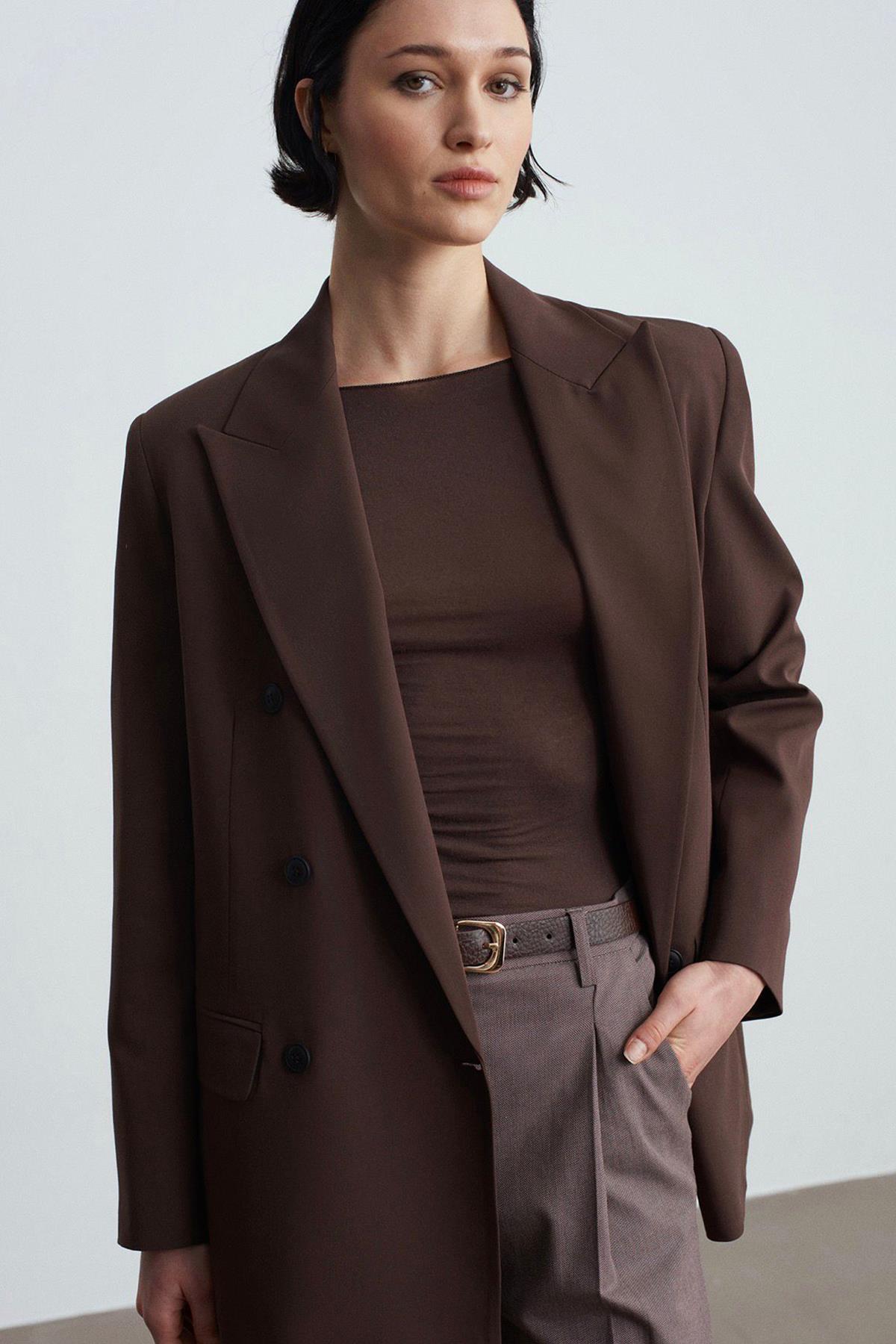 Kadın Kruvaze Blazer Ceket - KAHVE