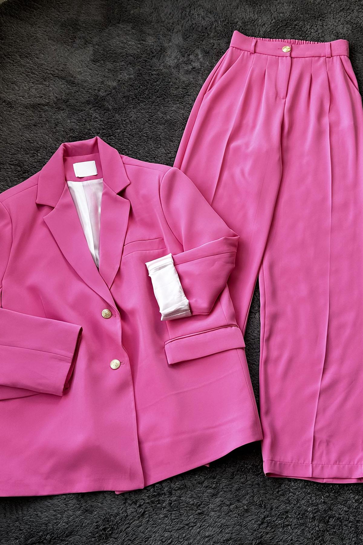 Kadın Kruvaze Ceket Palazzo Pantolon Takım - PEMBE