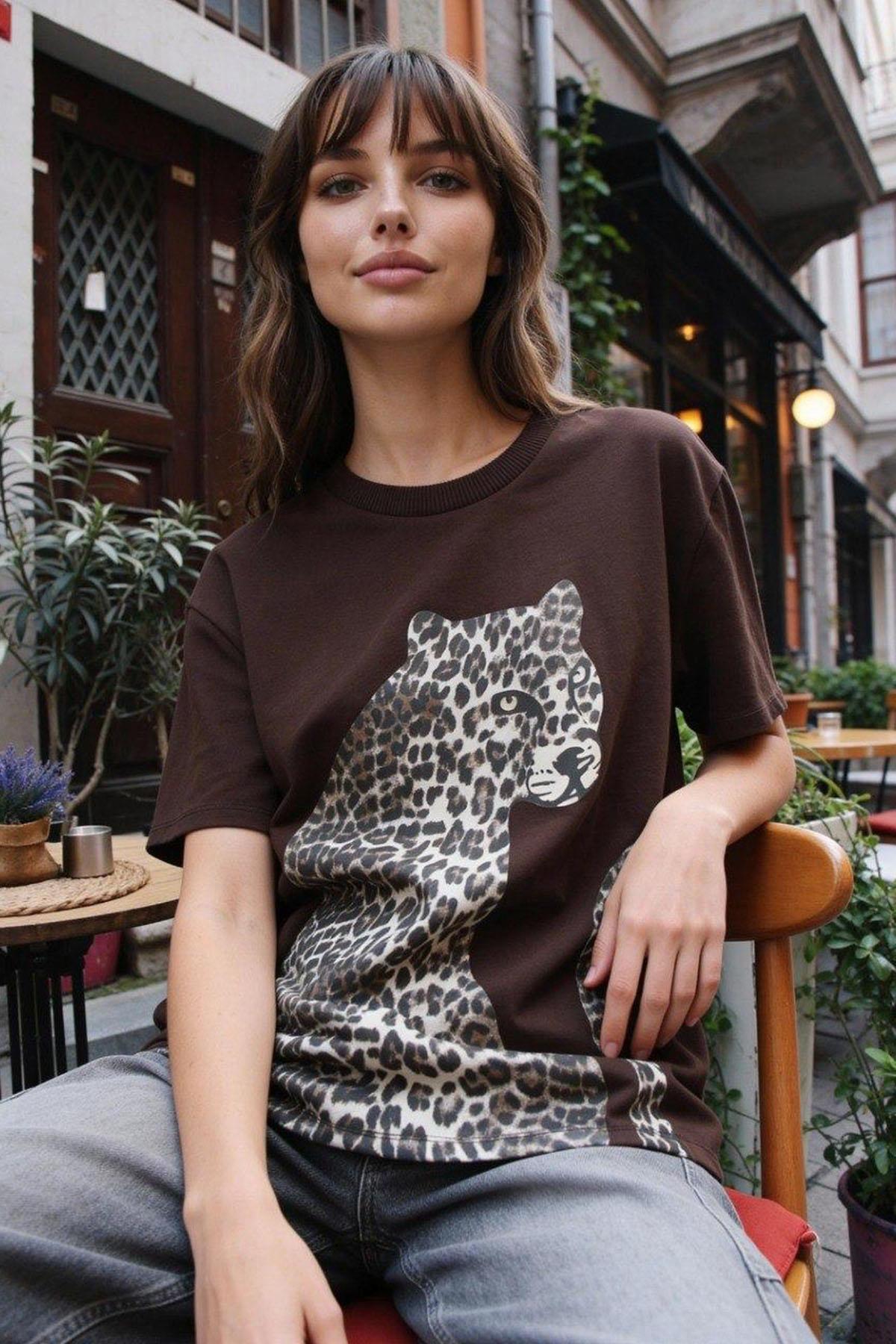 Kadın Leopar Baskılı Tshirt - KAHVE