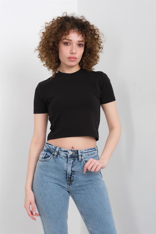 Kadın Likralı Ribana Basic Kısa Kollu Crop Tshirt - SİYAH