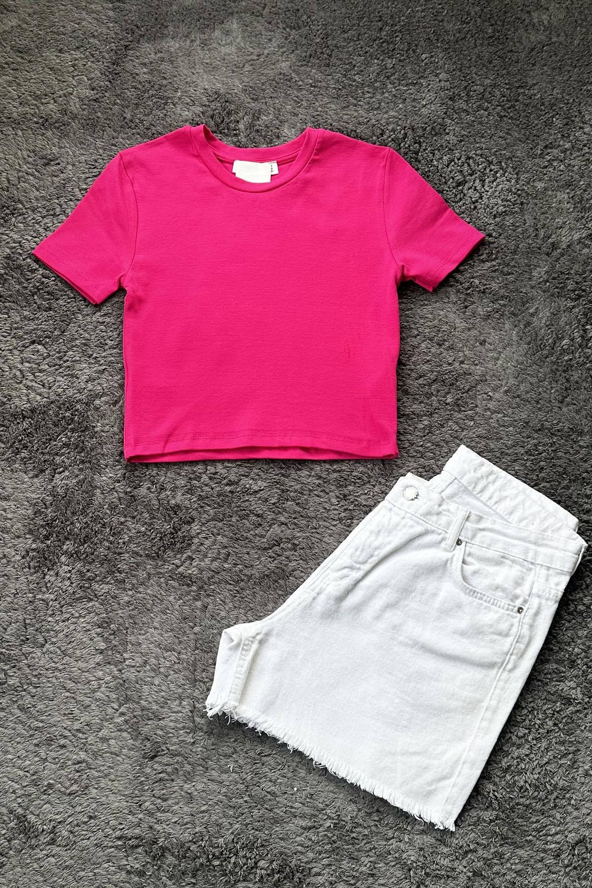 Kadın Likralı Ribana Basic Kısa Kollu Crop Tshirt - FUSYA