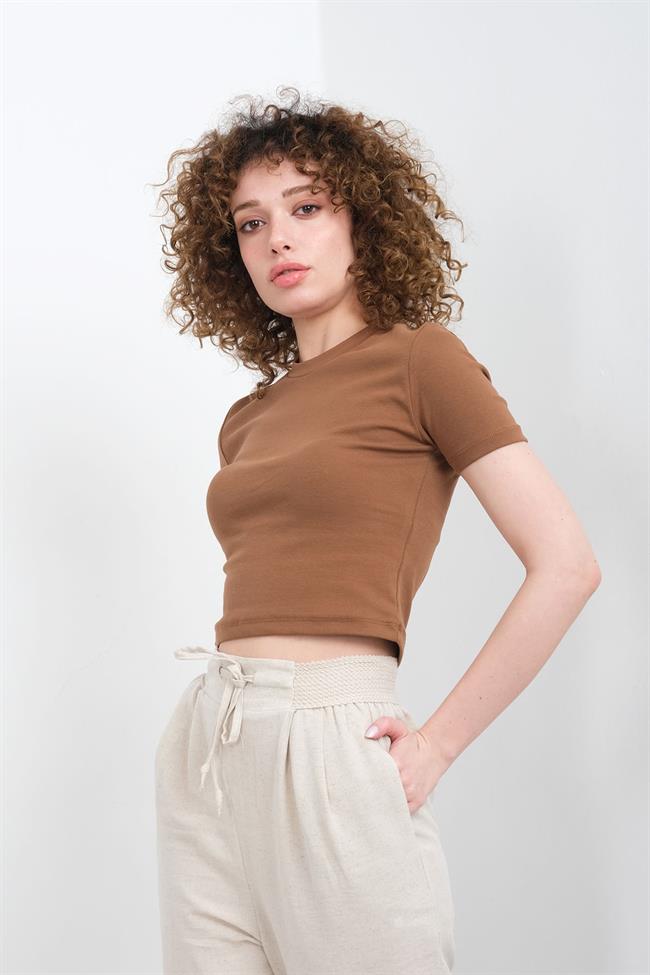 Kadın Likralı Ribana Basic Kısa Kollu Crop Tshirt - KAHVE