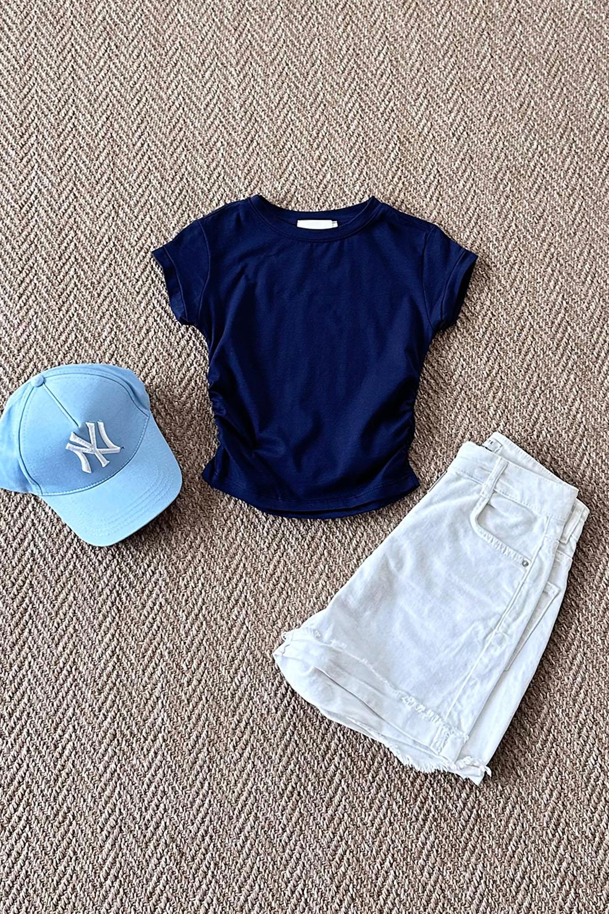 Kadın Likralı Yanı Büzgülü Süprem Crop Tshirt - LACİVERT