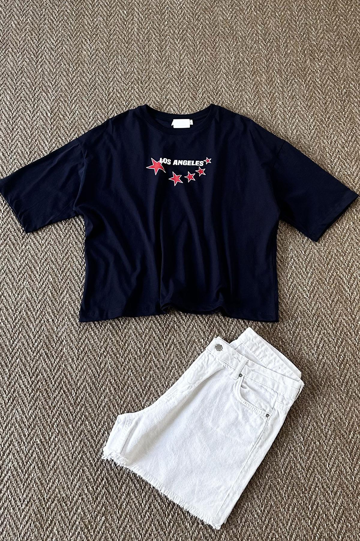 Kadın Los Angeles Yıldız Baskılı Tshirt - LACİVERT