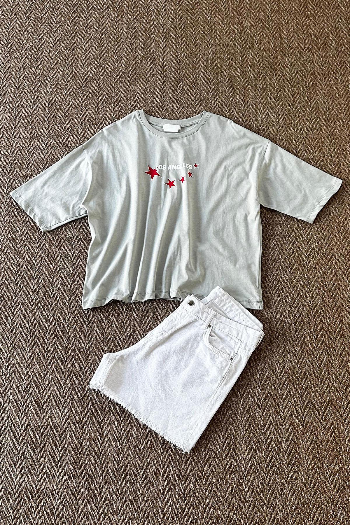 Kadın Los Angeles Yıldız Baskılı Tshirt - GRİ