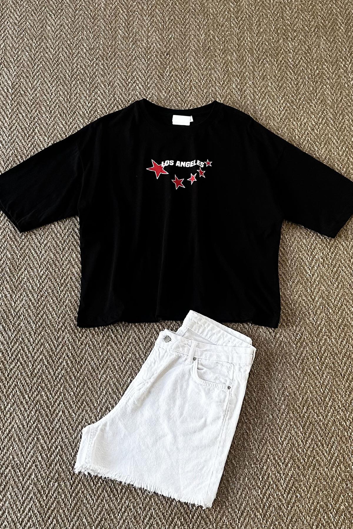Kadın Los Angeles Yıldız Baskılı Tshirt - SİYAH