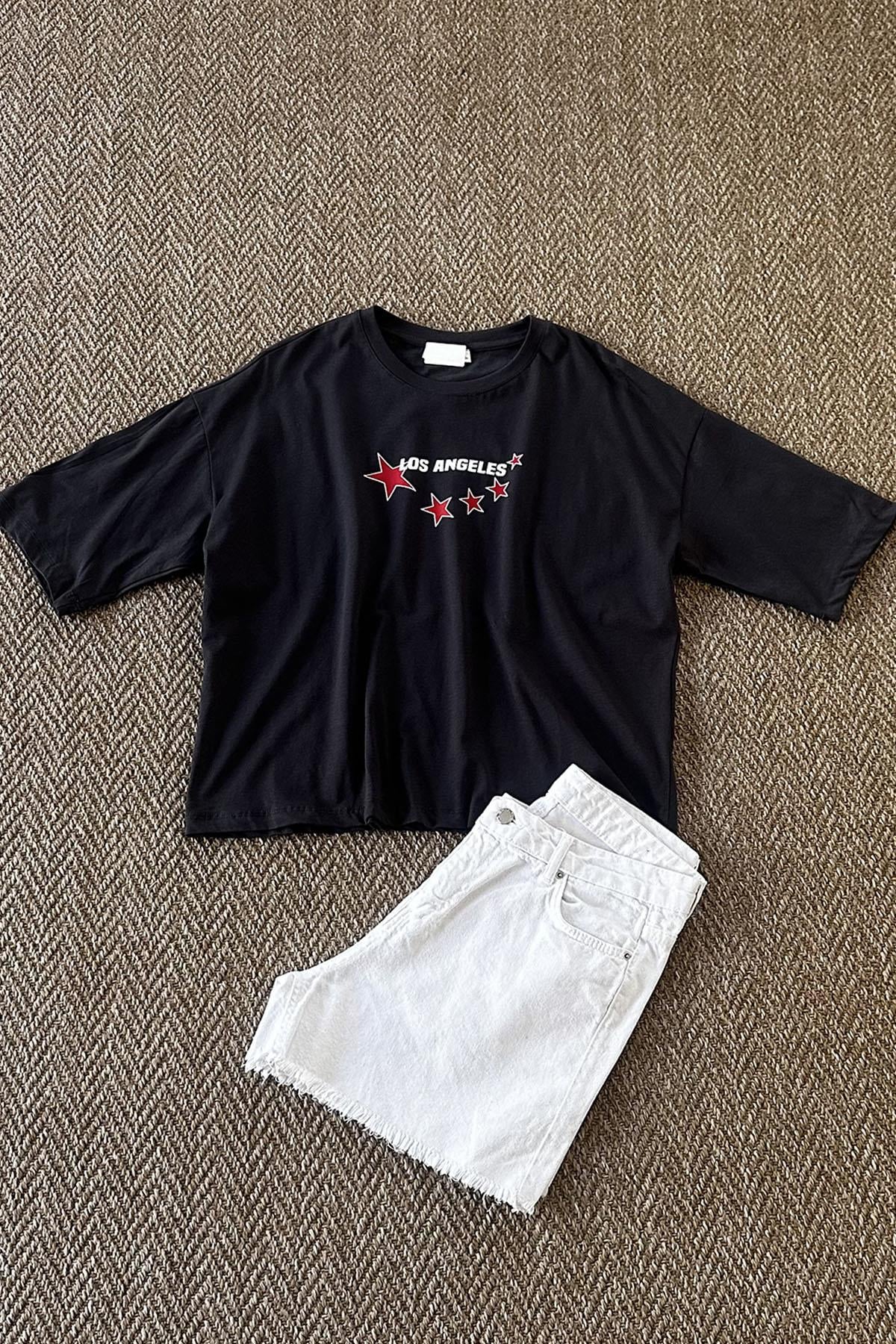 Kadın Los Angeles Yıldız Baskılı Tshirt - ANTRESİT