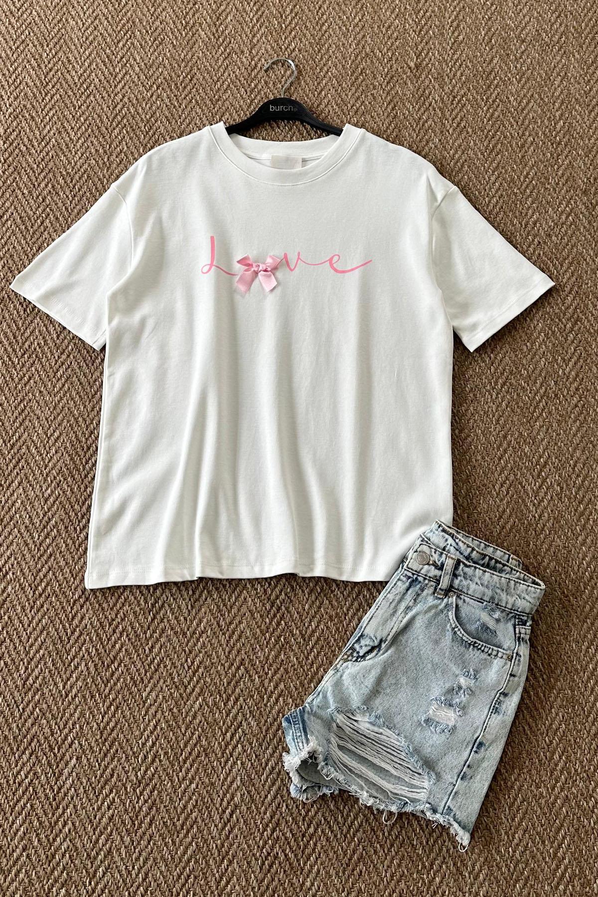 Kadın Love Yazılı Kurdeleli Tshirt - BEYAZ