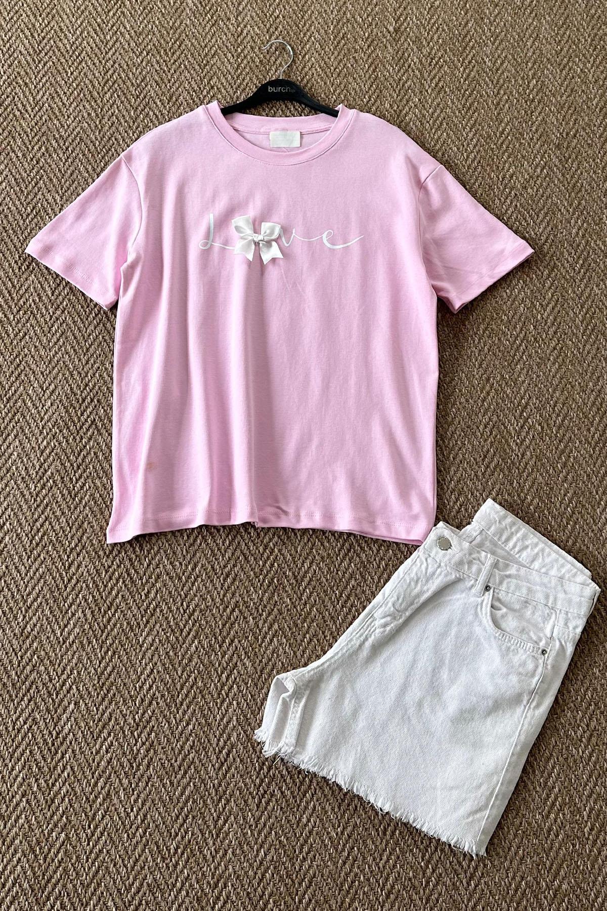 Kadın Love Yazılı Kurdeleli Tshirt - PEMBE