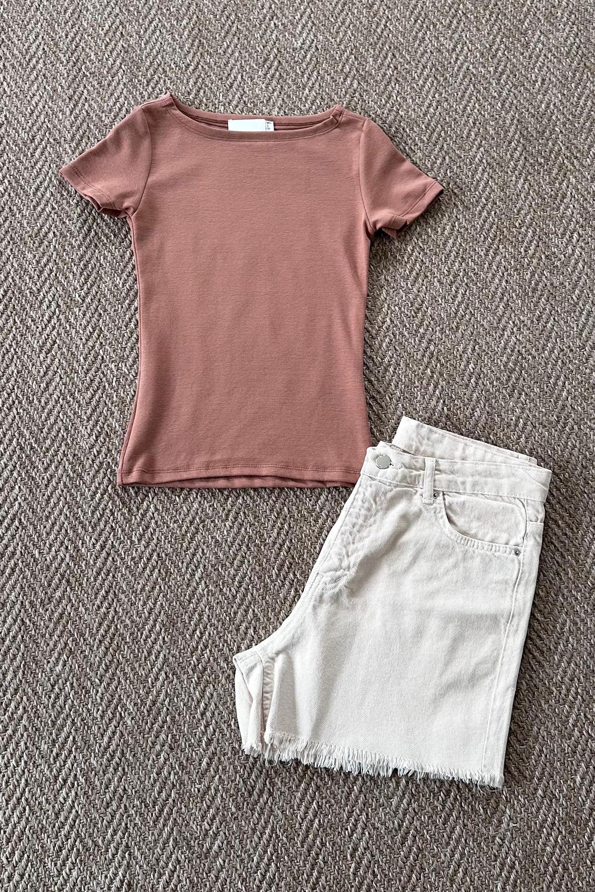 Kadın Modal Kayık Yaka Crop Tshirt - KAHVE
