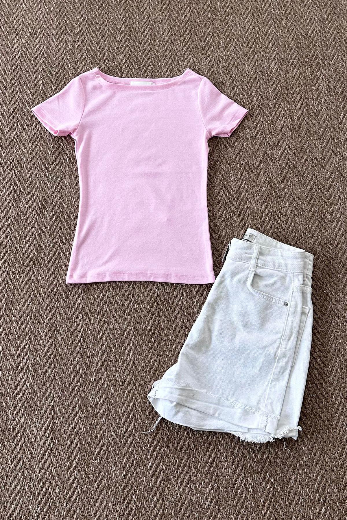 Kadın Modal Kayık Yaka Crop Tshirt - PEMBE