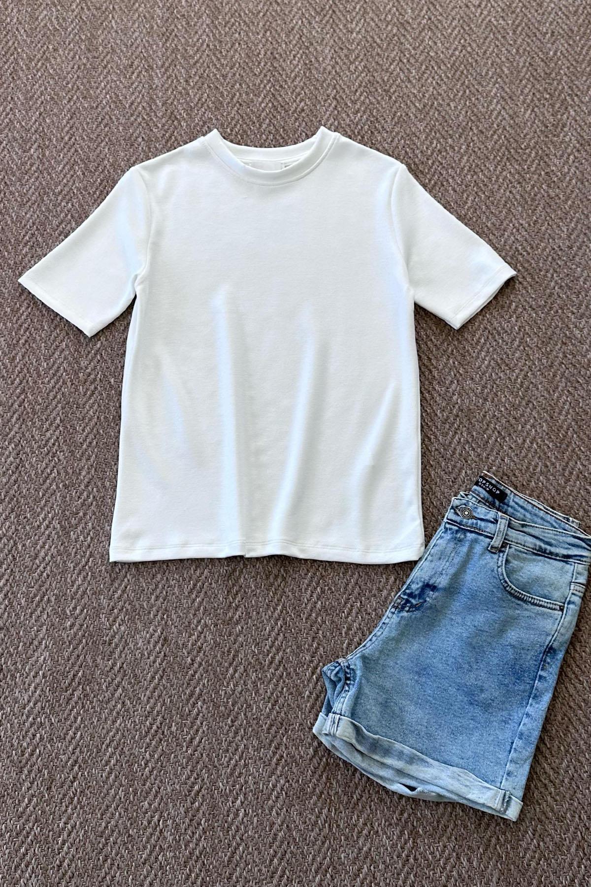 Kadın Modal Kumaş Basic Tshirt - EKRU