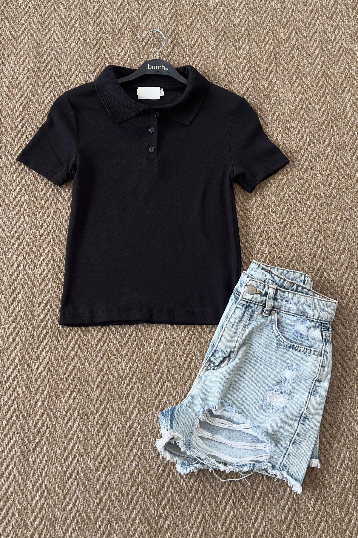 Kadın Modal Kumaş Düğmeli Polo Yaka Kısa Tshirt - SİYAH