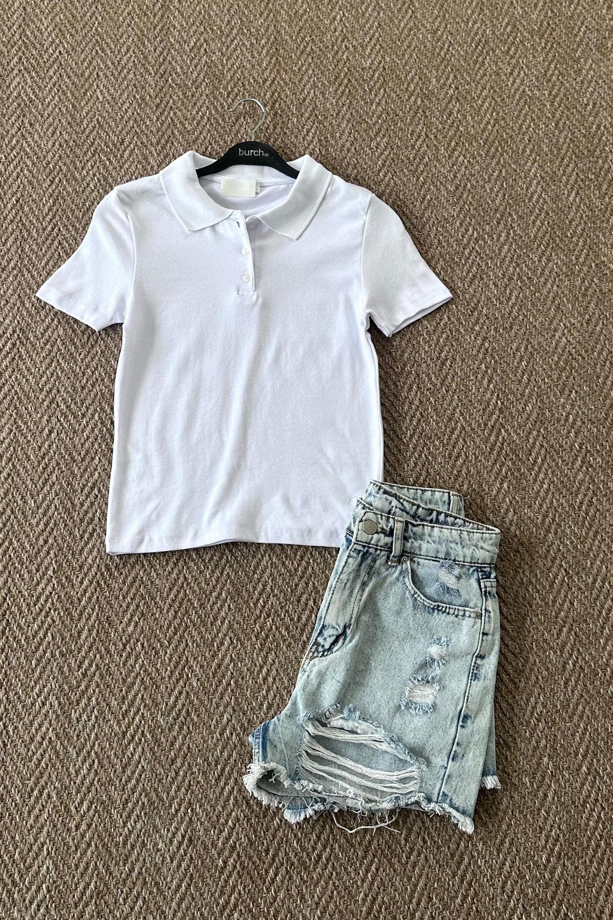 Kadın Modal Kumaş Düğmeli Polo Yaka Kısa Tshirt - BEYAZ