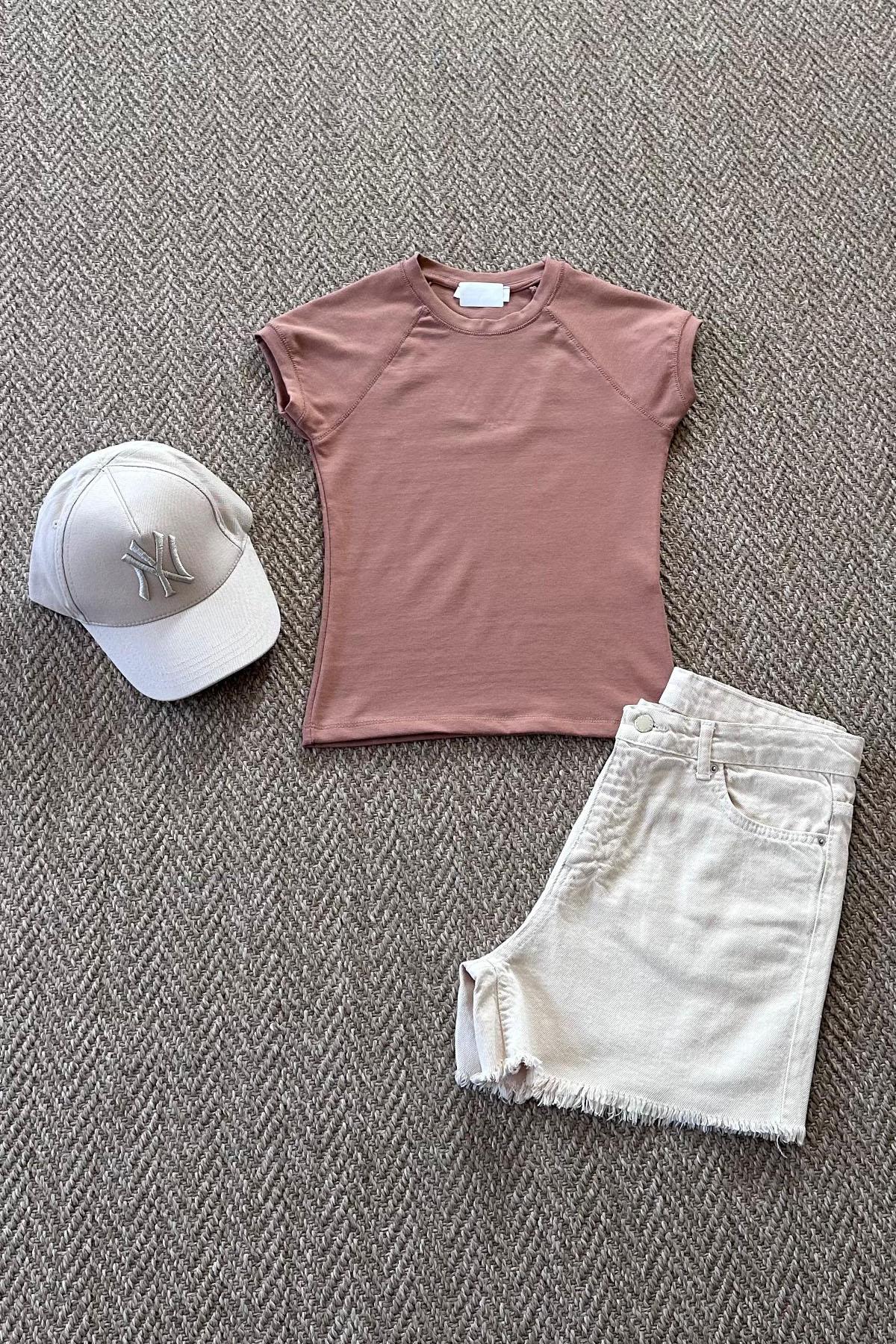 Kadın Modal Kumaş Reglan Crop Tshirt - KAHVE