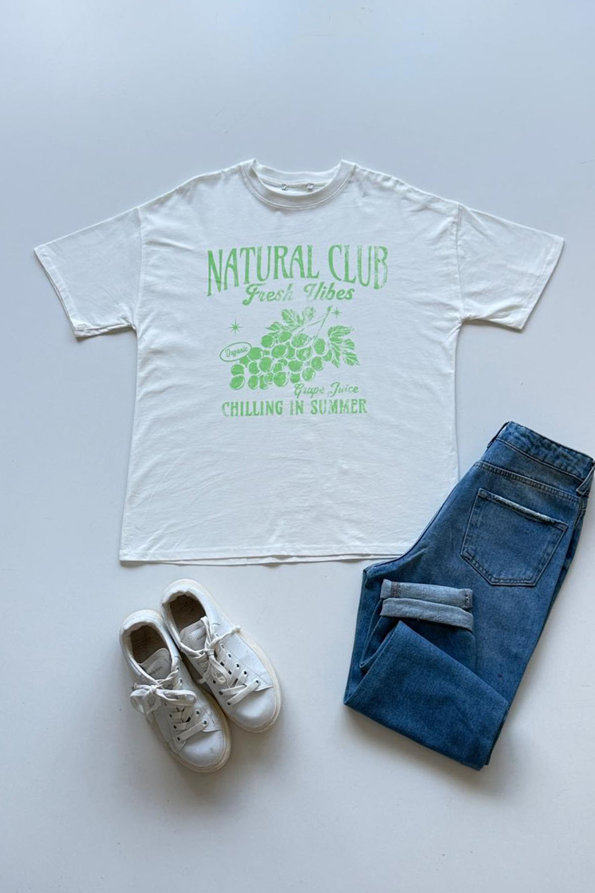 Kadın Natural Clup Yazı Baskılı Tshirt - EKRU