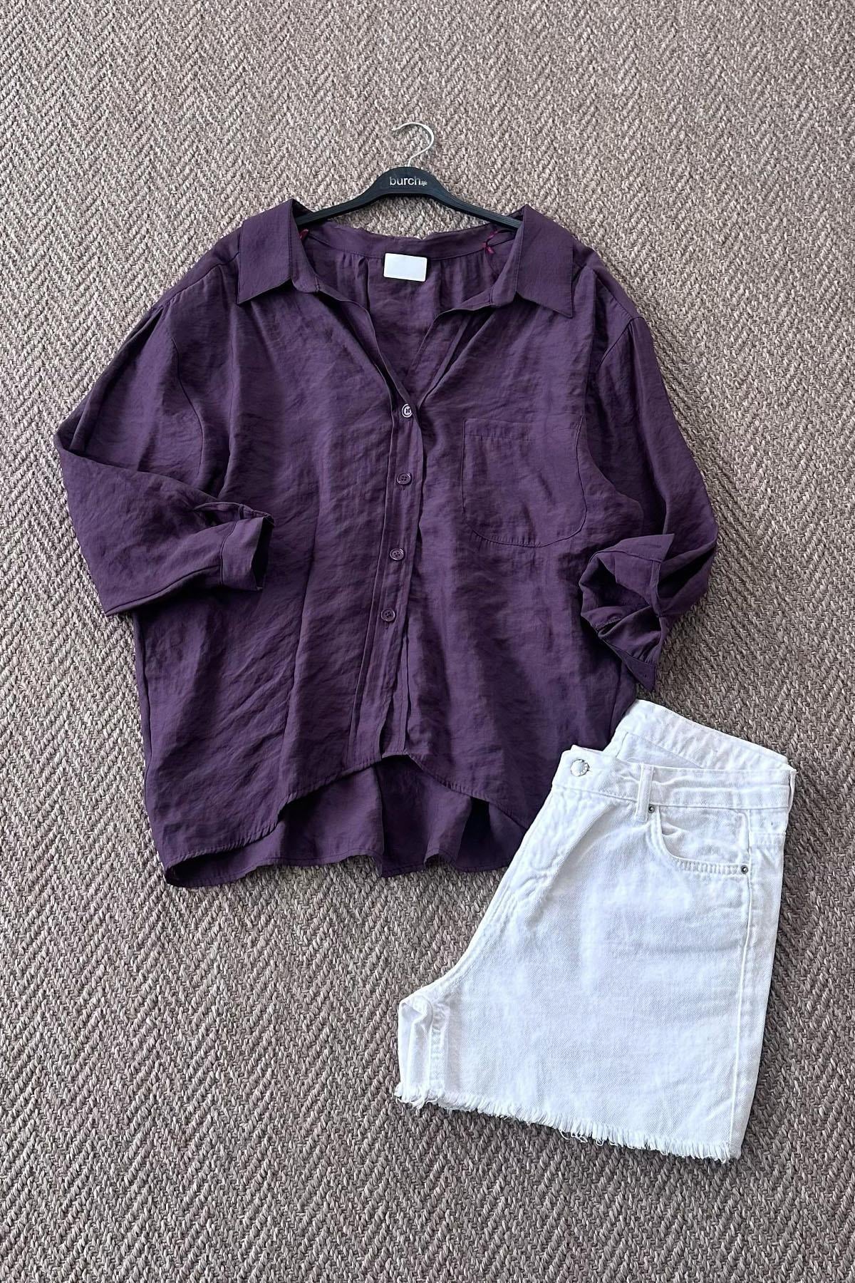 Kadın Omzu Düşük Oversize İnce Kumaş Gömlek - MÜRDÜM