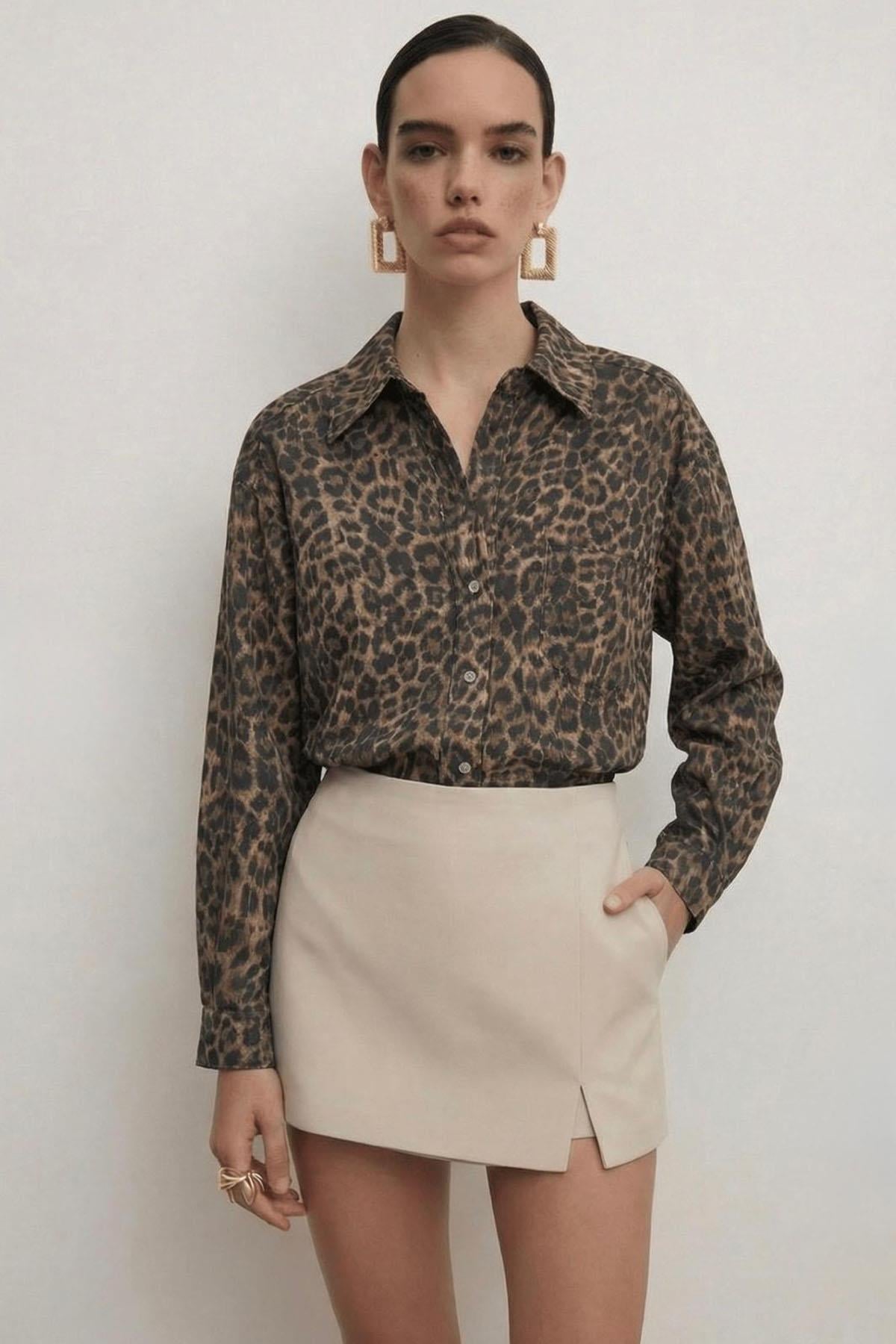 Kadın Oversize Leopar Gömlek - KAHVE