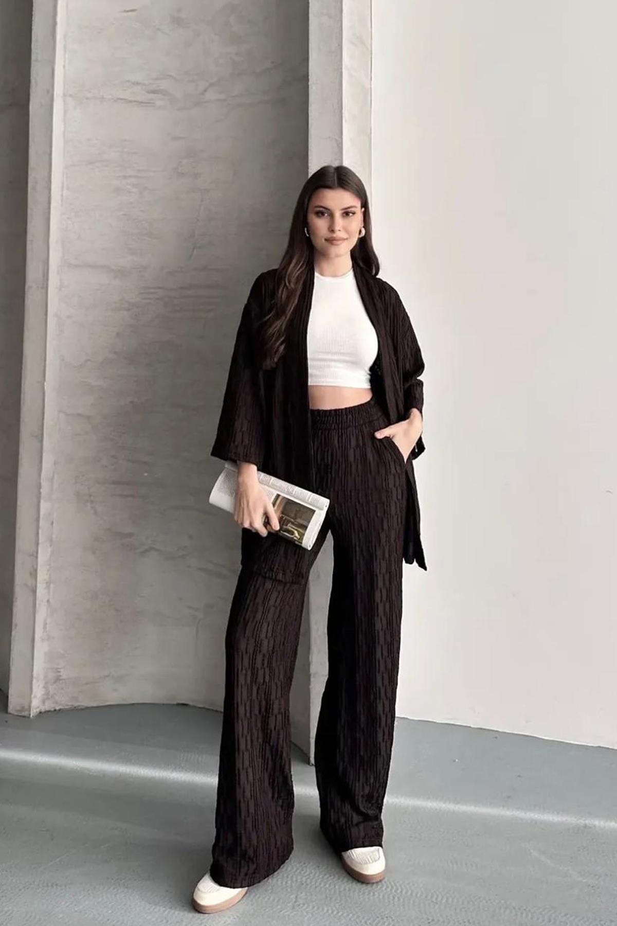 Kadın Raşel Kumaş Kimono Takım - KAHVE
