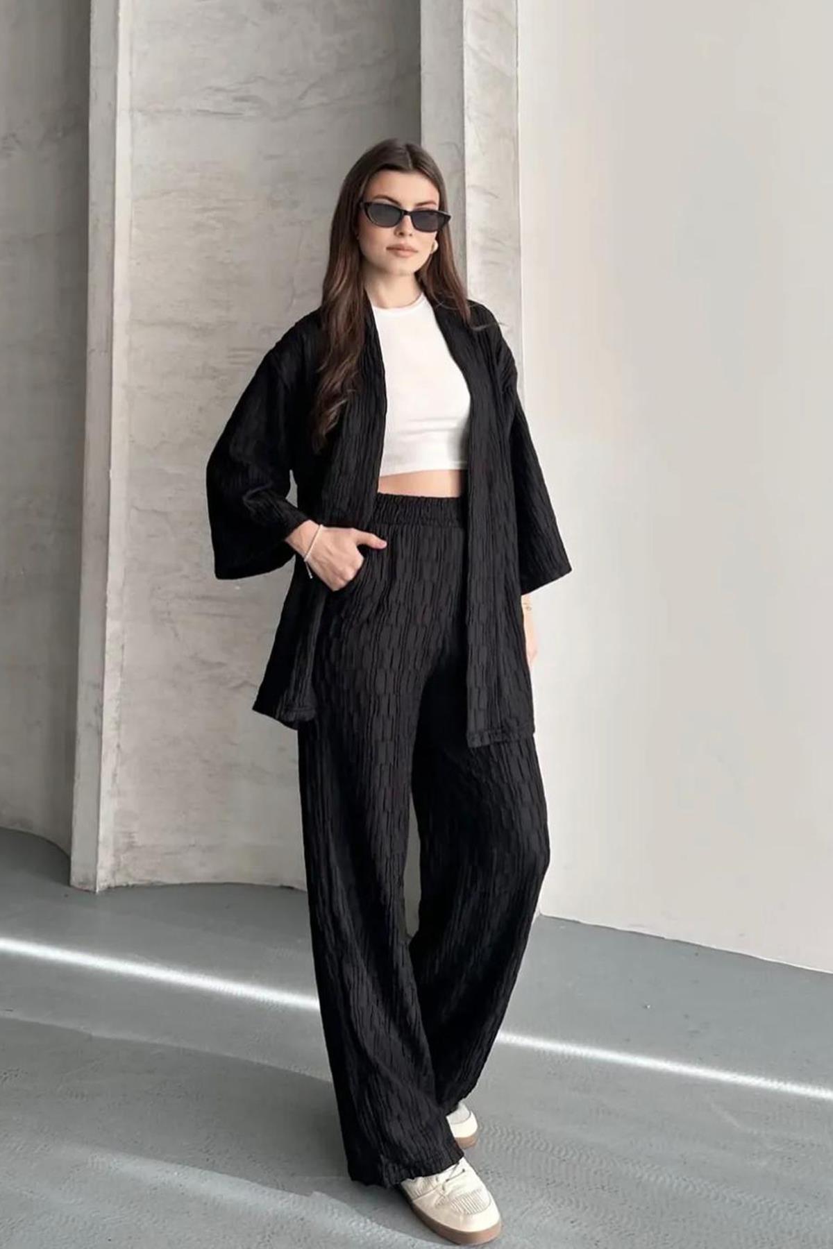 Kadın Raşel Kumaş Kimono Takım - SİYAH