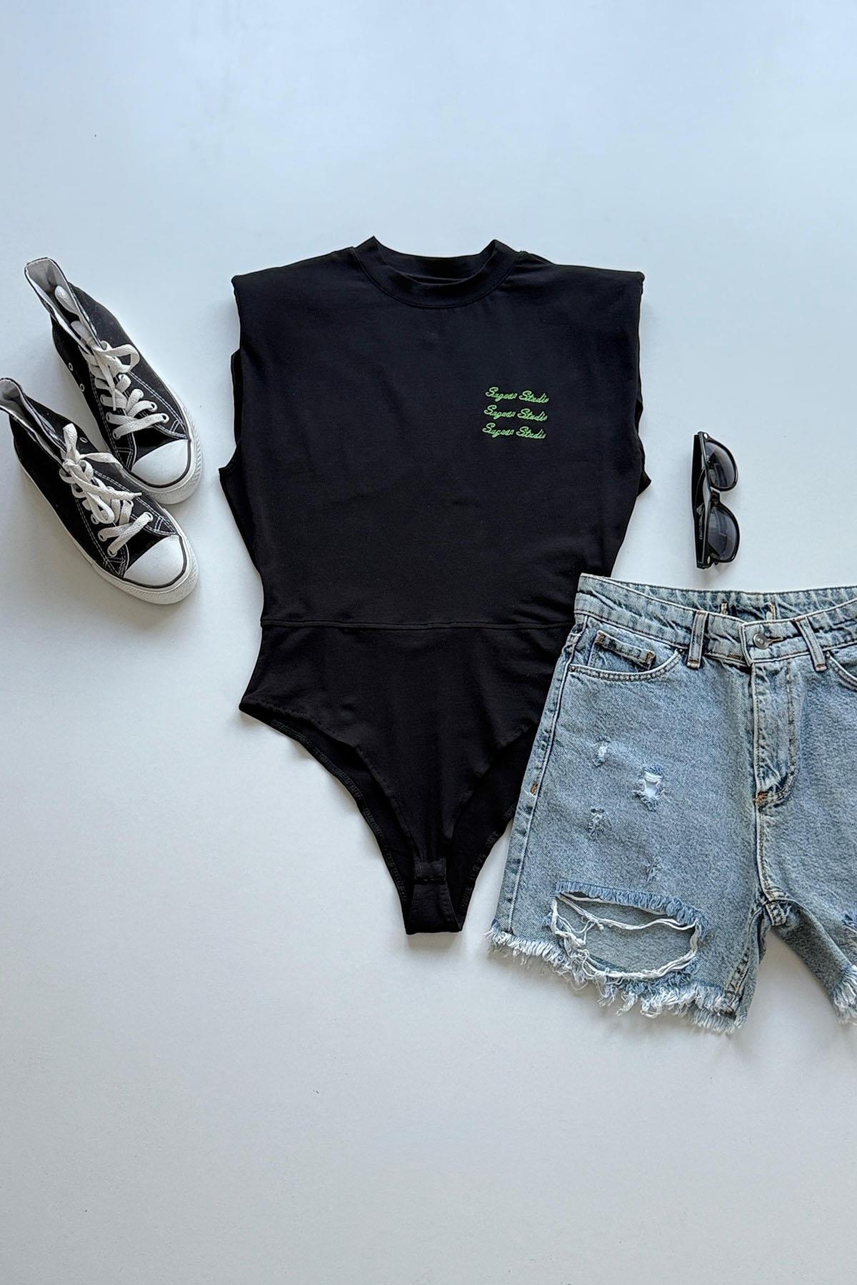 Kadın Sagaza Vatkalı Bodysuit - SİYAH