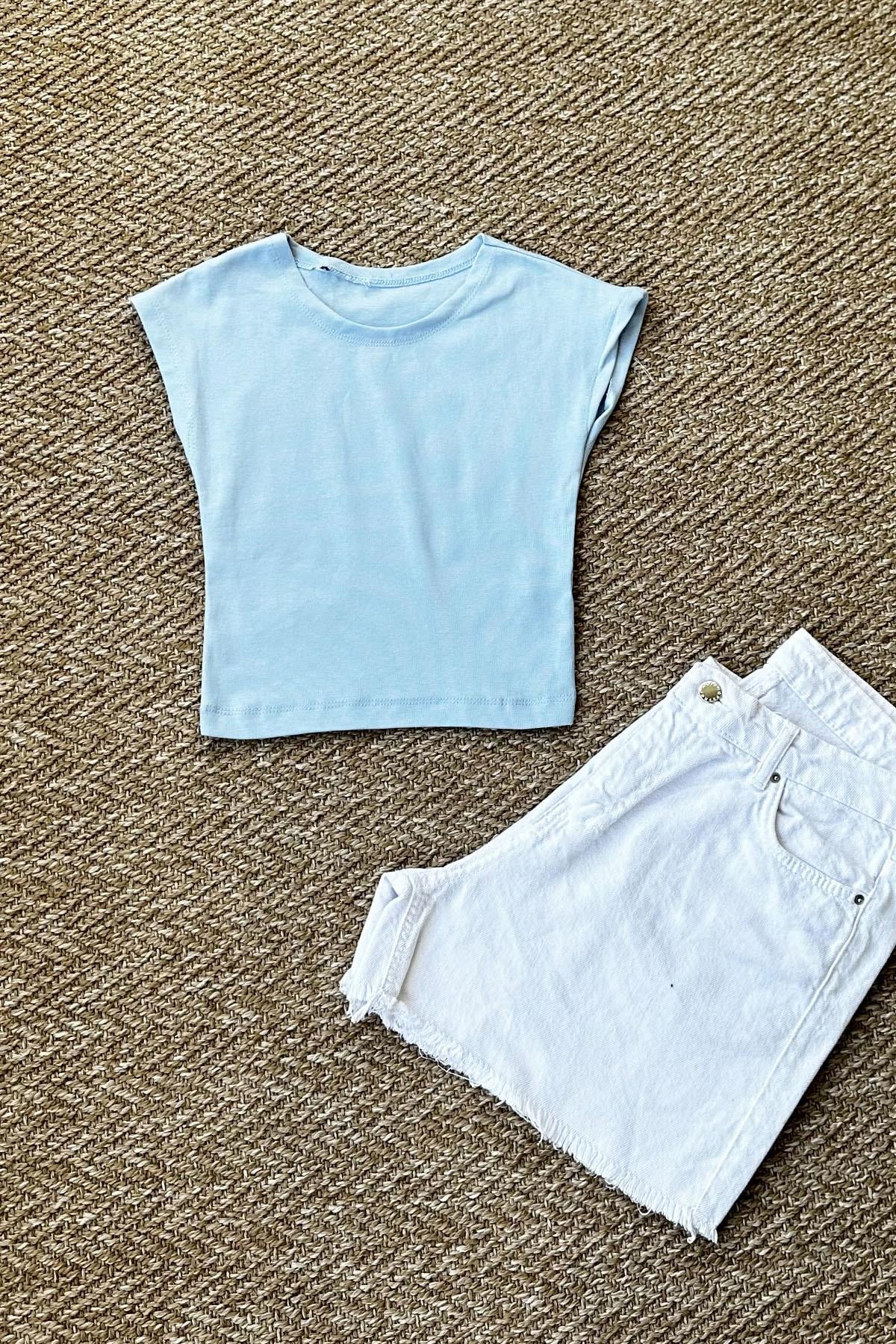 Kadın Sıfır Kol Crop Tshirt - MAVİ
