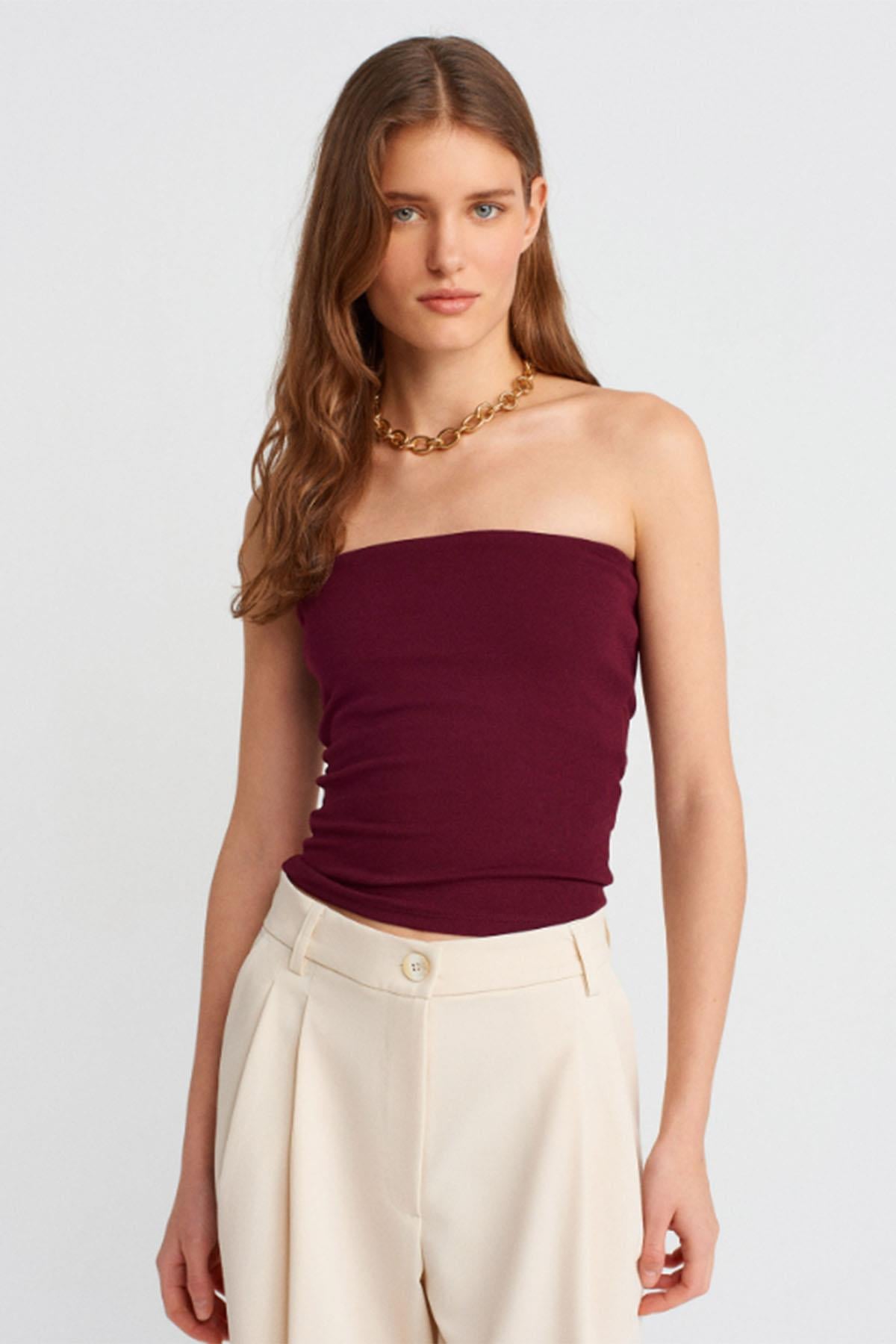 Kadın Straplez Crop Top - BORDO