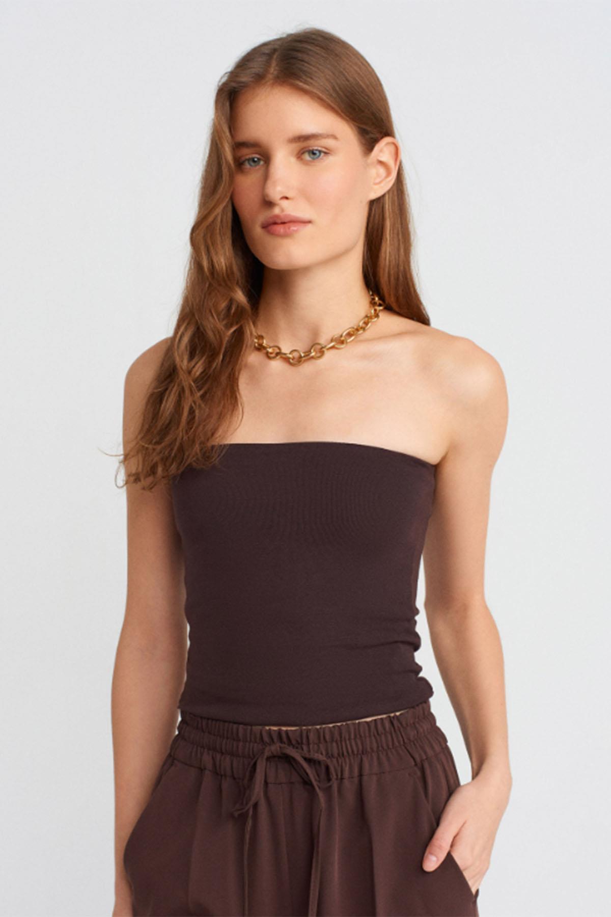 Kadın Straplez Crop Top - KOYU KAHVE