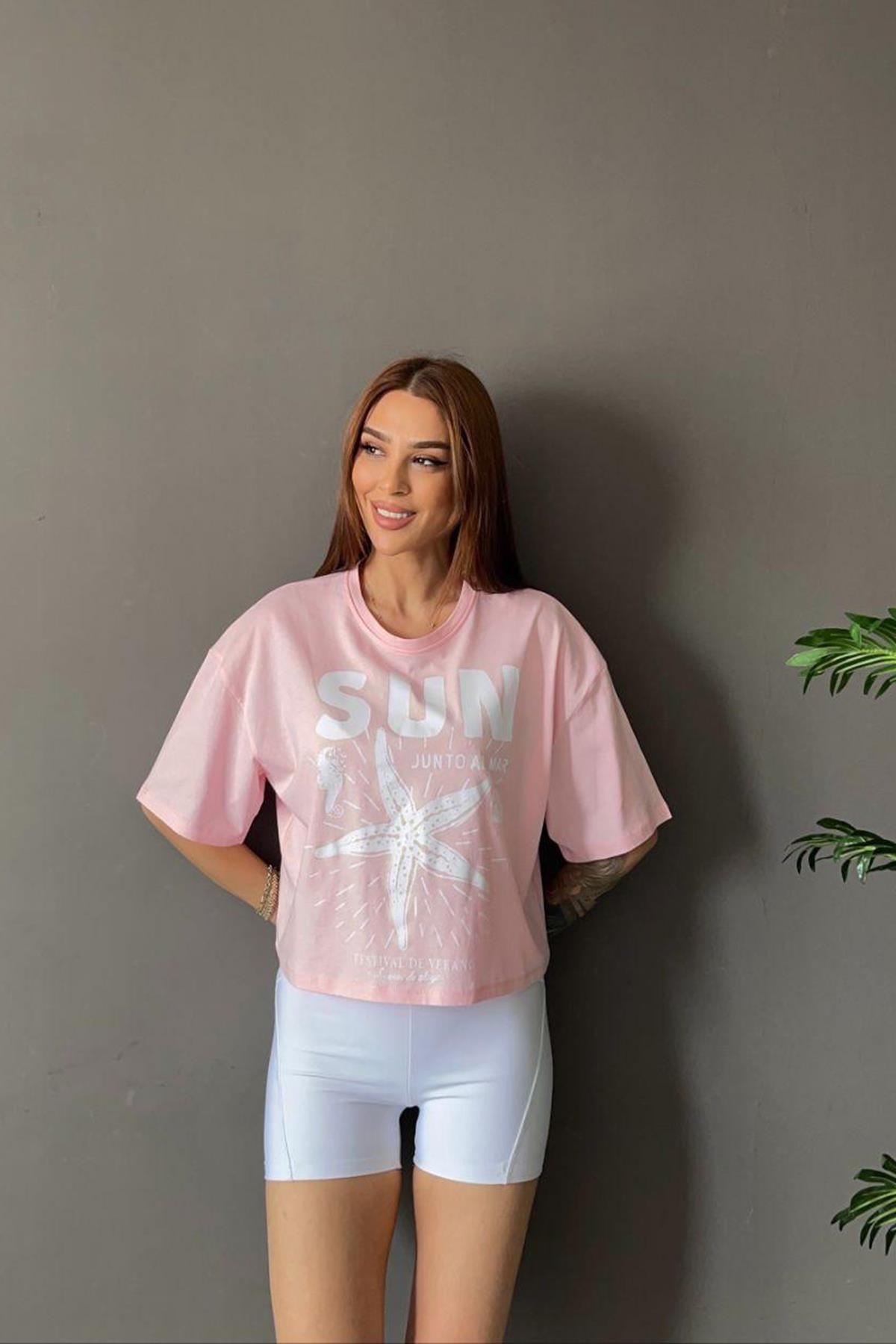 Kadın Sun Junto Al Mar Yazı Baskılı Tshirt - PEMBE