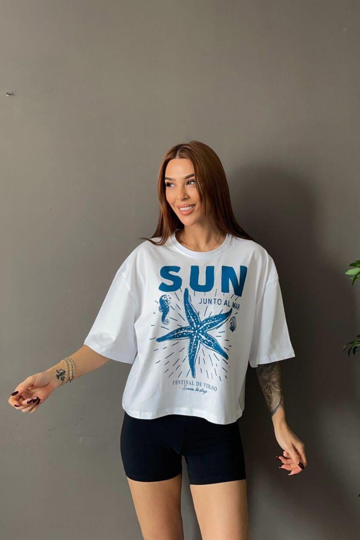Kadın Sun Junto Al Mar Yazı Baskılı Tshirt - BEYAZ