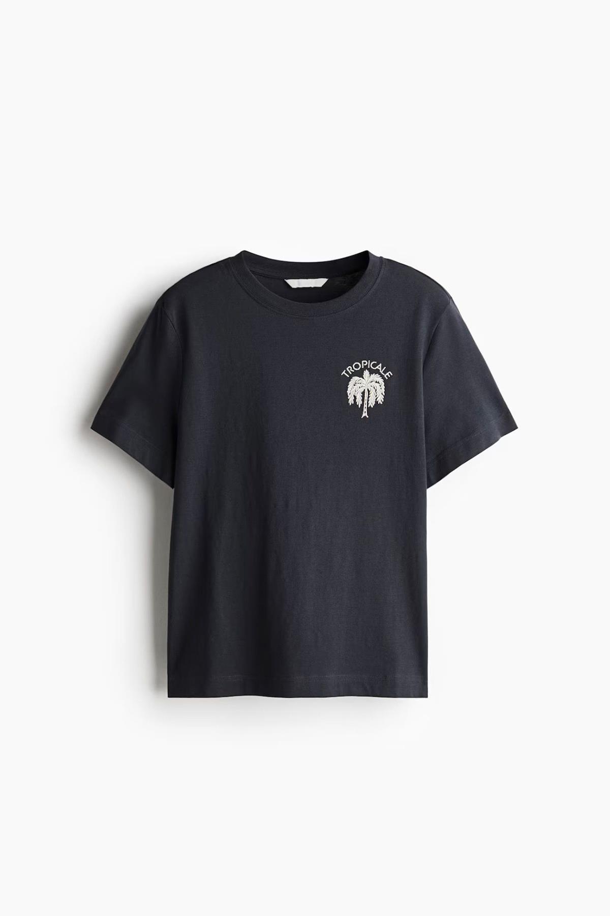 Kadın Tropicale Palmiye Yazı Nakışlı Tshirt - ANTRESİT
