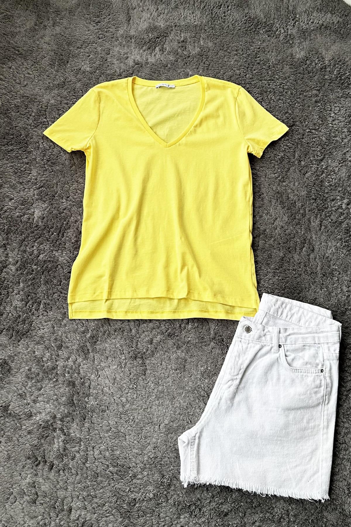 Kadın V Yaka Basic Tshirt - SARI